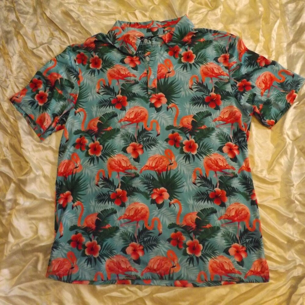 Yatta Golf Flamingo Polo Shirt Tropical Floral Print Golfing size Large